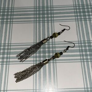 Handmade bronze and gold tassel earrings 
Green swirled glass beads